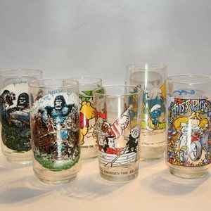 Set of 6 Vintage Promotional Character Glasses, King Kong, Bullwinkle, Smurfs